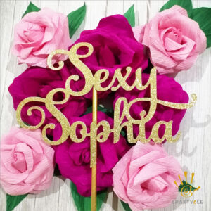 Cake Topper Personalised Gold Glitter Cake Topper Crepe Paper Flowers